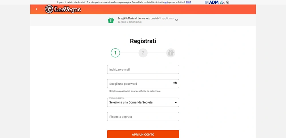 Screenshot: Pagina di registrazione