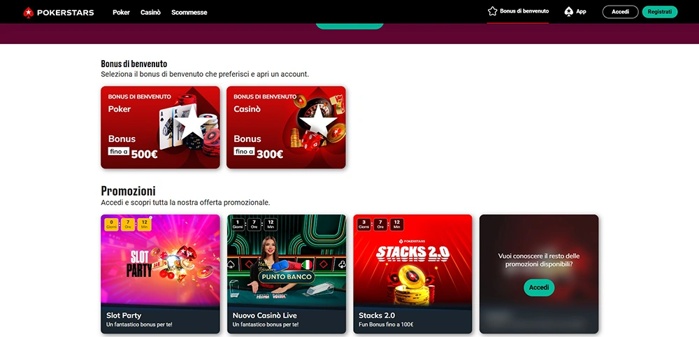 Screenshot: Pagina dei bonus PokerStars