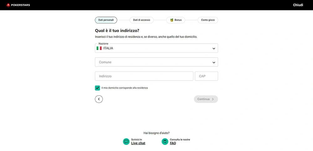 Screenshot: Pagina di registrazione PokerStars