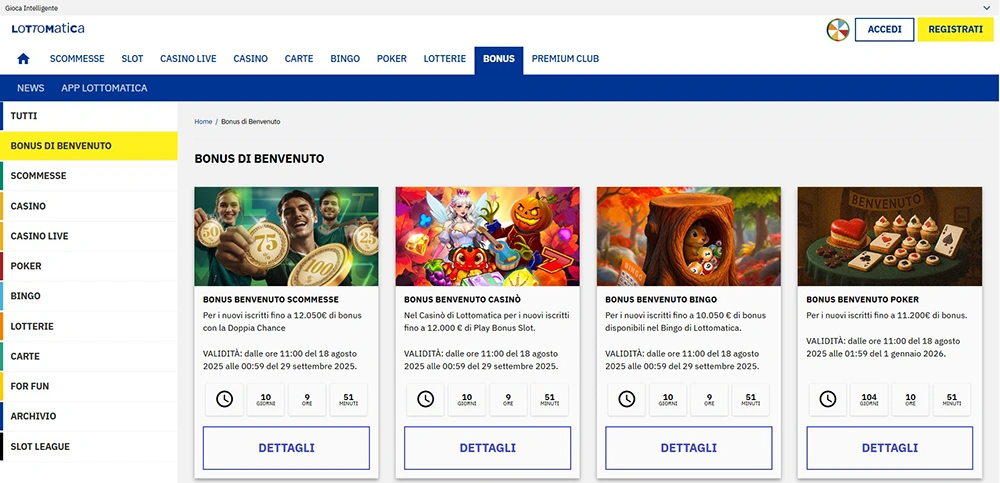 Screenshot: Pagina dei bonus Lottomatica
