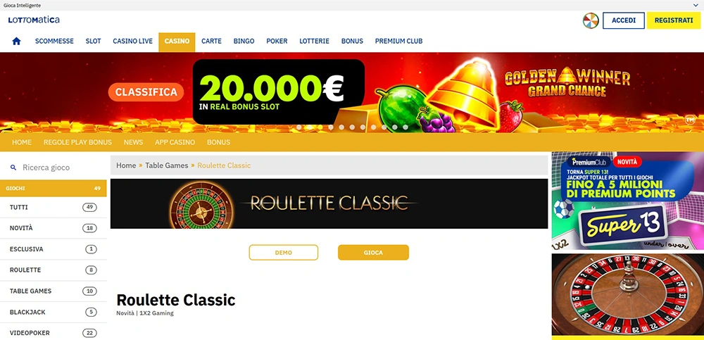 Screenshot: Pagina con il gioco della roulette