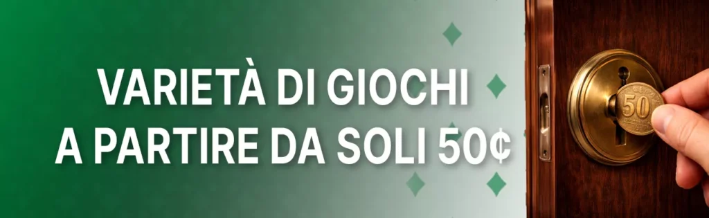 Per un casinò con deposito da 0,50€, serve un'ampia varietà di giochi. Cerca piattaforme con sezione live completa (poker, roulette, blackjack) e tante slot, preferibilmente con jackpot, giri gratis e wild.