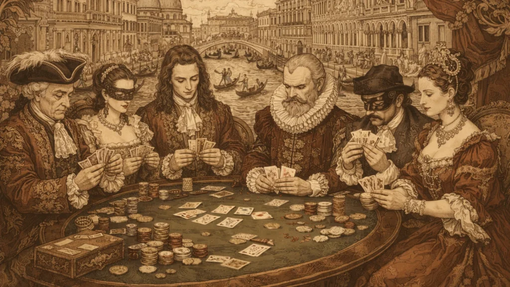 Ritratto storico di giocatori al tavolo del casinò.