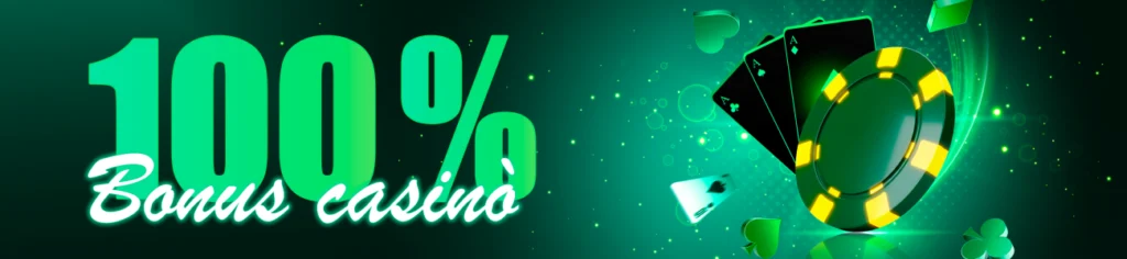Grafica promozionale di casinò online con scritta bonus 100%, fiches verdi e carte da gioco su sfondo luminoso