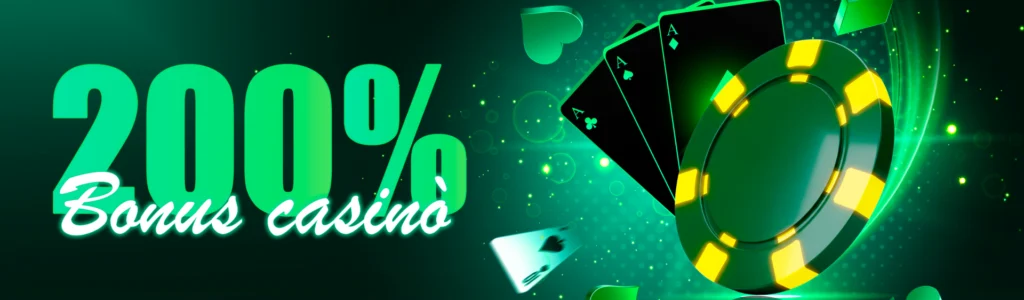 Grafica promozionale di casinò online con scritta “200% bonus casino”, fiches verdi e carte da gioco su sfondo luminoso.