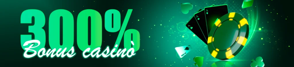 Grafica promozionale di casinò online con scritta bonus 300%, fiches verdi e carte da gioco su sfondo luminoso