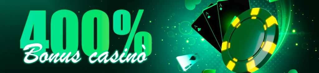 Grafica promozionale di casinò online con scritta “400% bonus casino”, fiches verdi e carte da gioco su sfondo luminoso.
