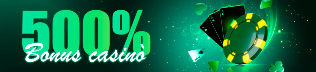Grafica promozionale di casinò online con scritta bonus 500%, fiches verdi e carte da gioco su sfondo luminoso