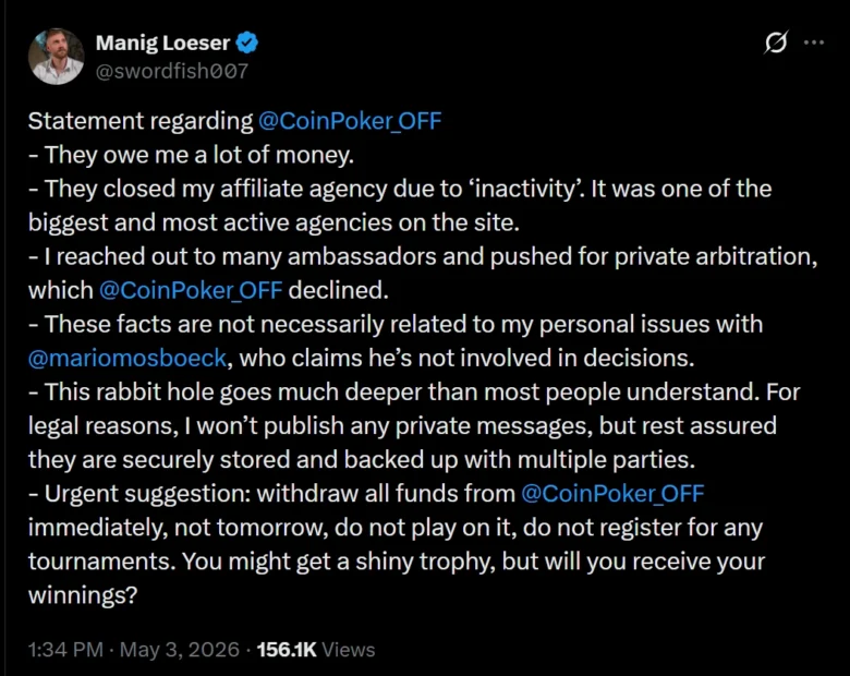 Il conflitto tra Loeser e CoinPoker