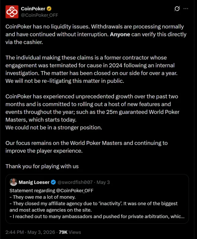Il conflitto tra Loeser e CoinPoker