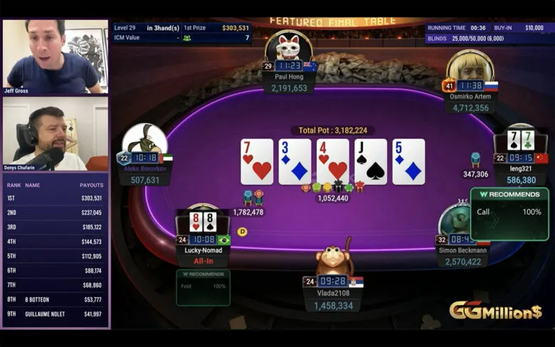 Osmirko entame la table finale en 3e position. Nolet (9e) part avec <span class="inline-card" value="heart">K </span><span class="inline-card" value="diamond">9 </span>, battu par Osmirko <span class="inline-card" value="spade">A </span><span class="inline-card" value="spade">2 </span> et leng321 <span class="inline-card" value="diamond">8 </span><span class="inline-card" value="heart">5 </span> ; flop <span class="inline-card" value="club">8 </span><span class="inline-card" value="club">J </span><span class="inline-card" value="diamond">5 </span> fatal. 