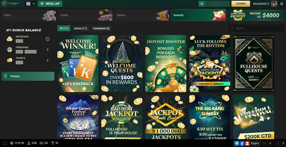Screenshot della pagina dei bonus