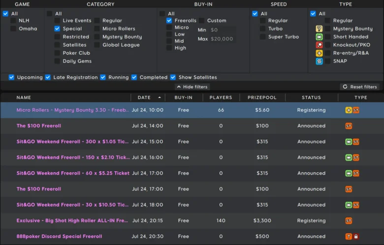 Dal 23 al 26 luglio 2026, 888poker ospiterà speciali freeroll in cui i giocatori potranno vincere ticket gratuiti per tornei Sit & Go promozionali. Il numero di ticket in palio varia a seconda del torneo specifico.