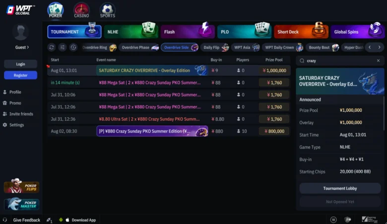 Saturday Crazy Overdrive nella lobby di WPT Global