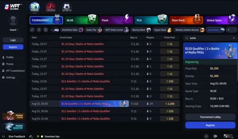 Ogni qualifier offre due package da $1.600. La ladder per il satellite finale ha tre livelli: Step $1.10 (ogni mezz'ora), Satellite $11 (giornaliero) e Qualifier $110 (domenica).