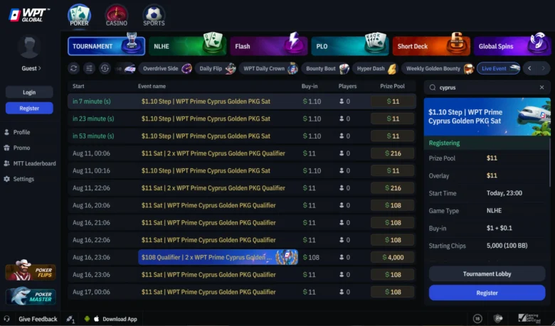 Per qualificarsi a WPT Prime Cyprus, ogni domenica WPT Global offre pacchetti. Satelliti da $1,10 e $11.
