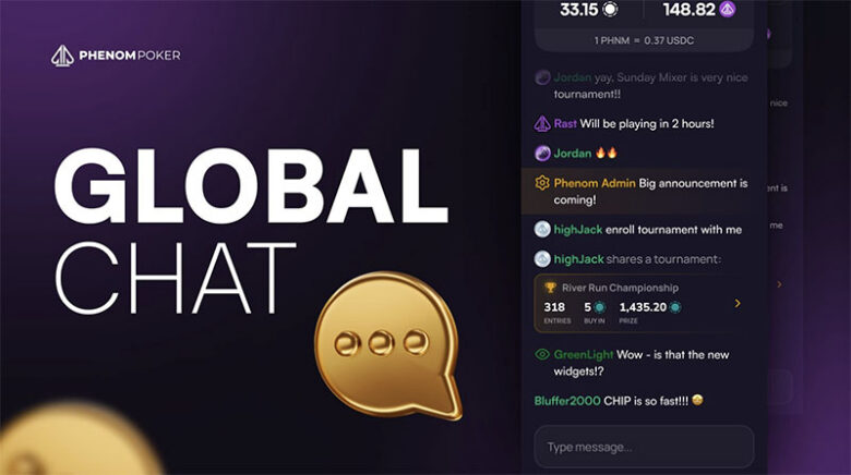 Phenom Poker ajoute une chat global dans le menu principal (sous avatar, solde et prix PHNM). Seuls les joueurs avec KYC validé peuvent envoyer des messages.