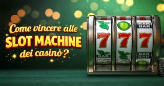 Slot machine in un casinò con simboli BAR e 7, sfondo luminoso. Come vincere alle slot?