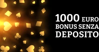 Banner di casinò online con scritta 1000 euro bonus senza deposito e simboli delle carte dorati