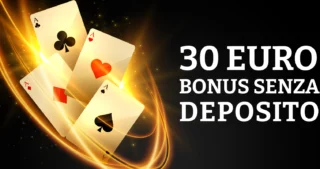 Banner di casinò online con quattro assi e scritta 30 euro bonus senza deposito su sfondo scuro