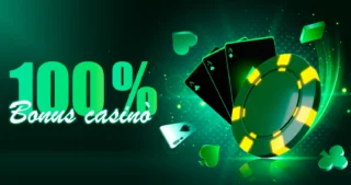 Grafica promozionale di casinò online con scritta bonus 100%, fiches verdi e carte da gioco su sfondo luminoso
