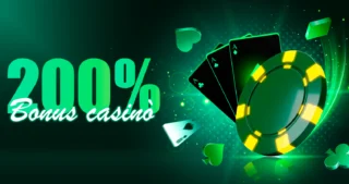 Grafica promozionale di casinò online con scritta “200% bonus casino”, fiches verdi e carte da gioco su sfondo luminoso.