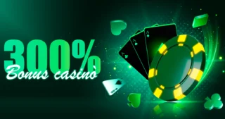 Grafica promozionale di casinò online con scritta bonus 300%, fiches verdi e carte da gioco su sfondo luminoso