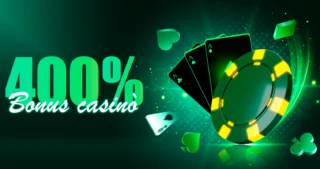 Grafica promozionale di casinò online con scritta “400% bonus casino”, fiches verdi e carte da gioco su sfondo luminoso.