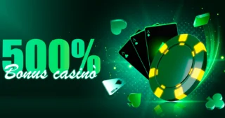Grafica promozionale di casinò online con scritta bonus 500%, fiches verdi e carte da gioco su sfondo luminoso