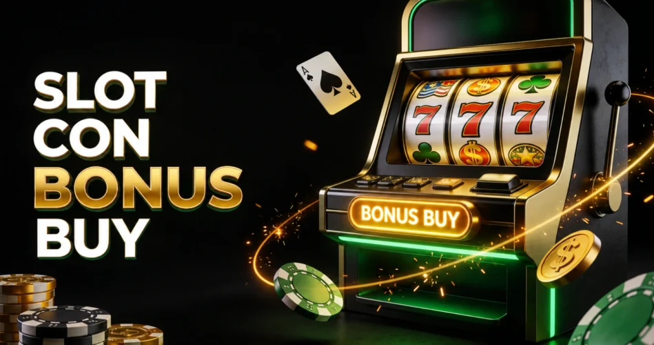 Slot machine con tre simboli 7, pulsante Bonus Buy illuminato, fiches da poker e monete dorate su sfondo nero con effetti luminosi verdi in stile casinò online.