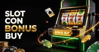 Slot machine con tre simboli 7, pulsante Bonus Buy illuminato, fiches da poker e monete dorate su sfondo nero con effetti luminosi verdi in stile casinò online.