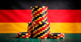 Pile di fiches nere, rosse e gialle con lo sfondo della bandiera tedesca, simbolo di casinò online.